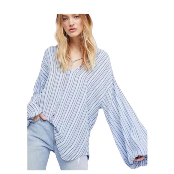 Free People Blue and Gray Stripped Oversized Blouse Sz XS - Picture 1 of 9